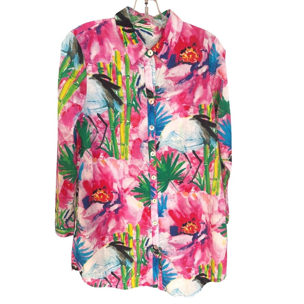 Soft Surroundings Breezy Bloom Button Up Shirt Small Tropical Cotton‎ Summer